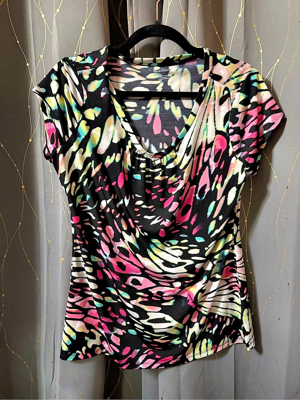 Worthington Abstract Print Draped Top in Black & Pink Size Medium